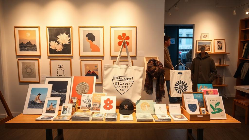 Curated art merchandise display with prints, bags, and postcards
