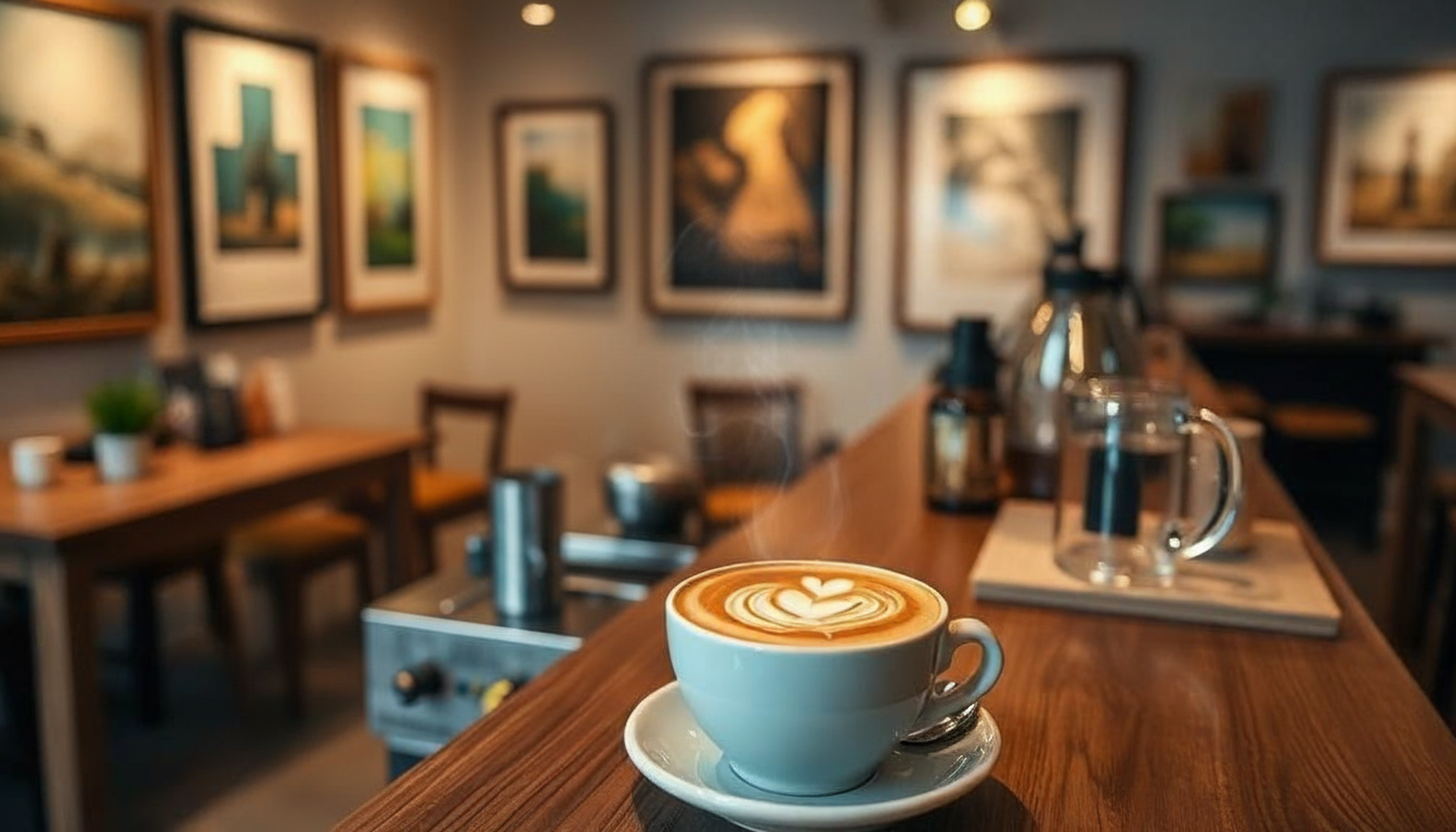 Specialty latte art being served in a gallery cafe