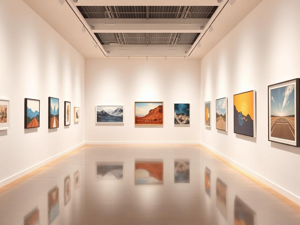 Modern gallery exhibition with curated artworks on white walls